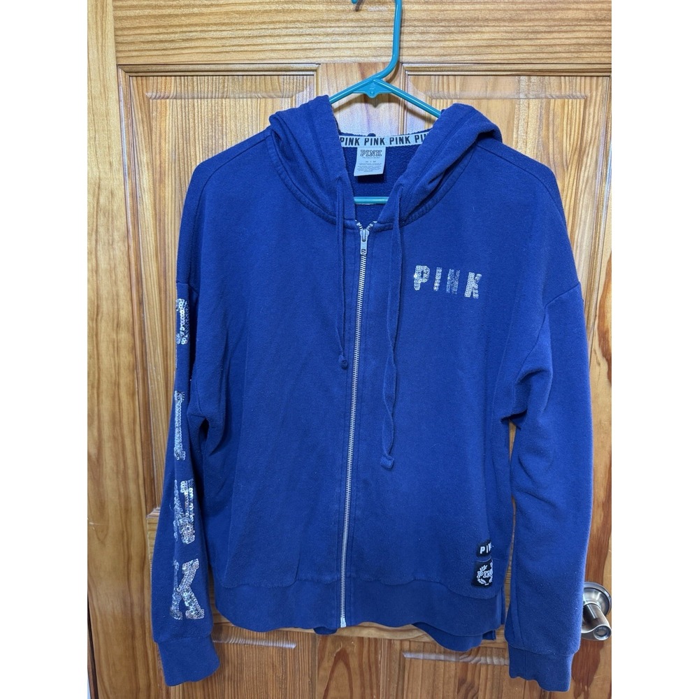 Victoria Secret Pink Sparkle Sleeve Hoodie‎ Full Zip Navy Blue Boyfriend